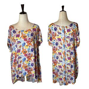 Cynthia Rowley Shirt Women 2X White‎ Floral High Low Hem Button Back Top Boho